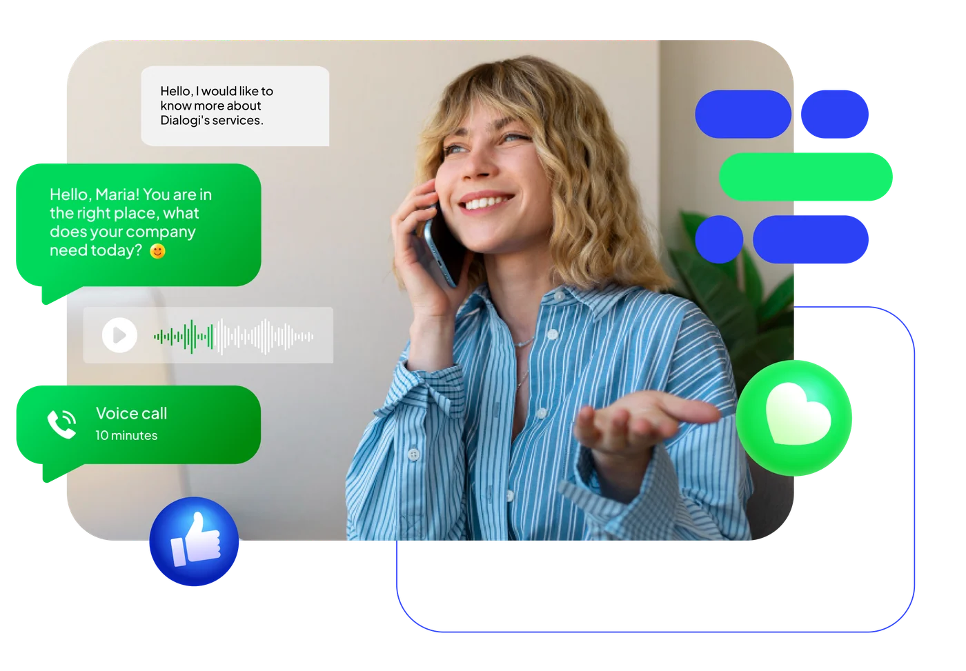 An agent on the phone surrounded by a Dialogi conversation: the customer message, the team reply, a voice note and a logged voice call.